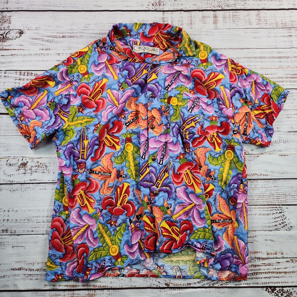 Bayou Wear New Orleans Jazz Fest Shirt Mens XL Rayon Hawaiian Button Up Floral